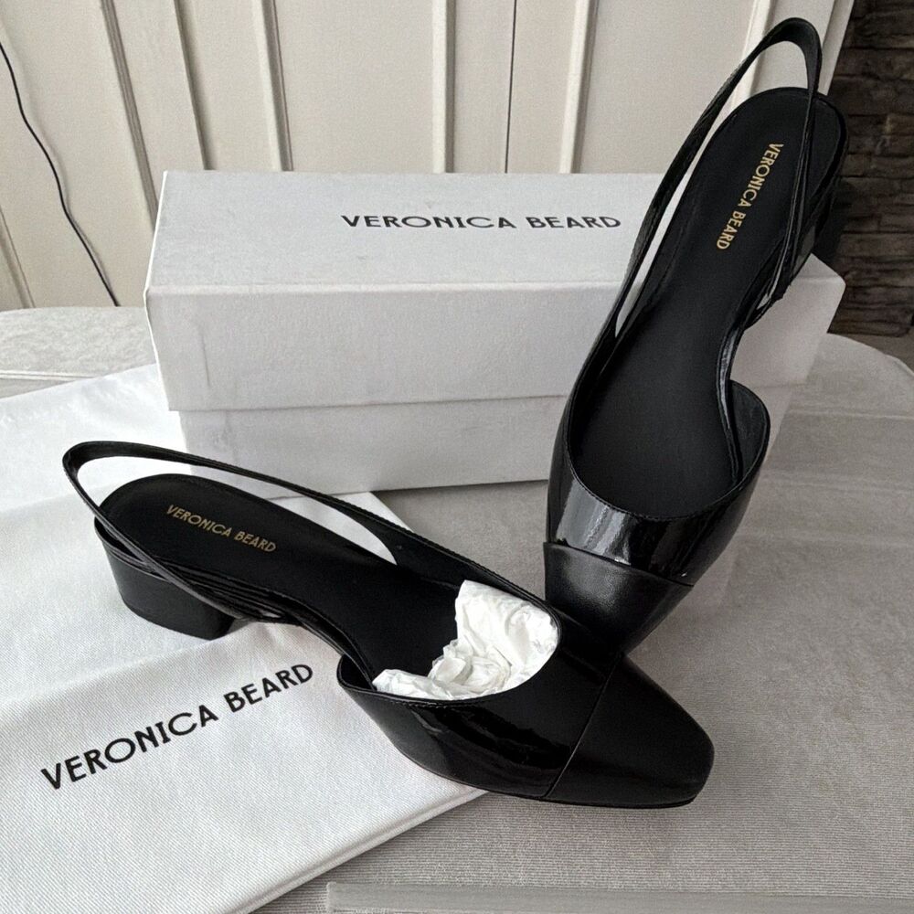 Veronica Beard Cecile Black Patent Cap-Toe Block Heel Slingback Pump 7 M NIB